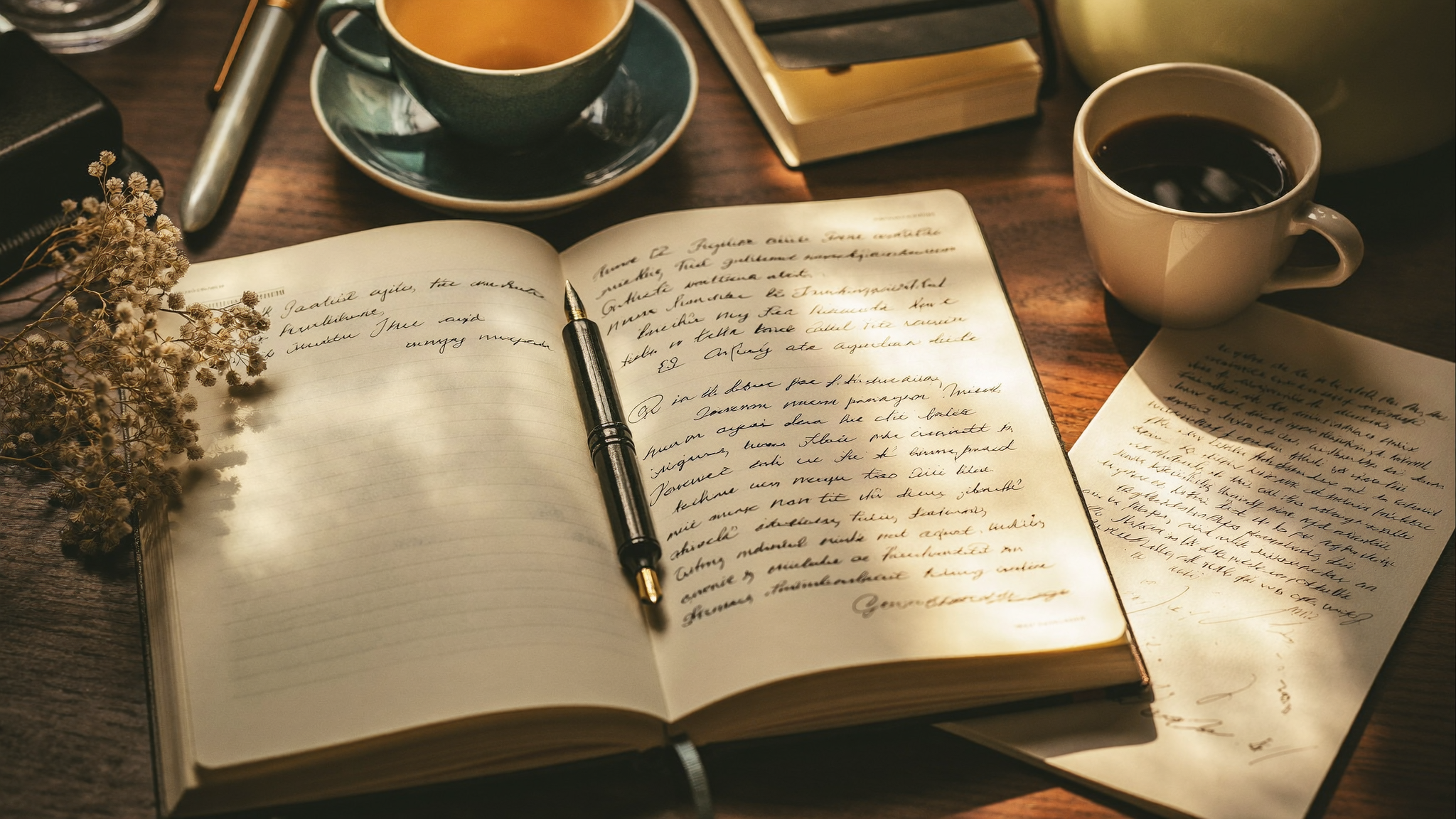 Carnet ouvert, plume et tasse de café sur un bureau en bois dans la lumière du matin