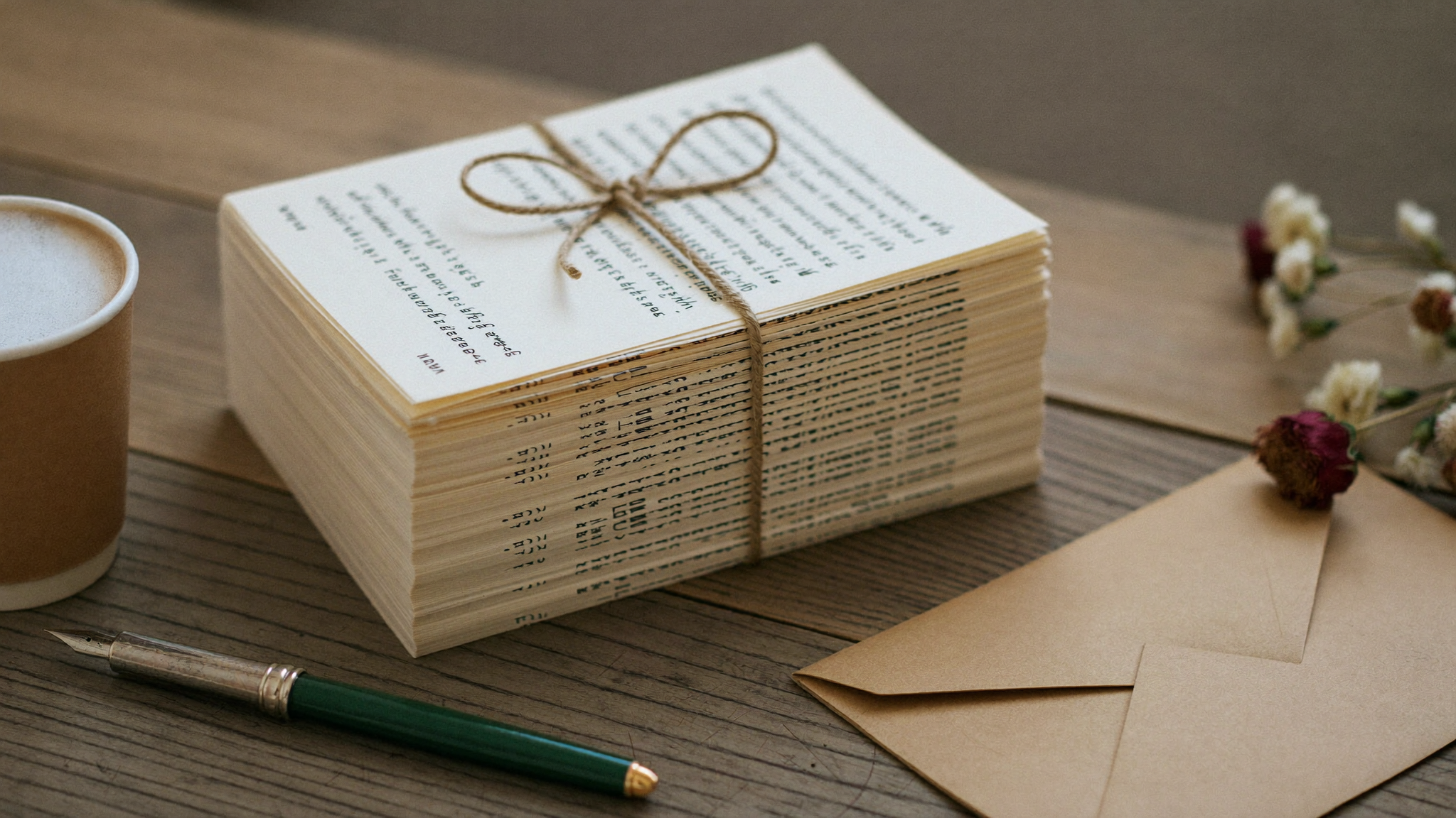 Manuscrit imprimé ficelé et enveloppe kraft sur un bureau, prêt à envoyer à un éditeur