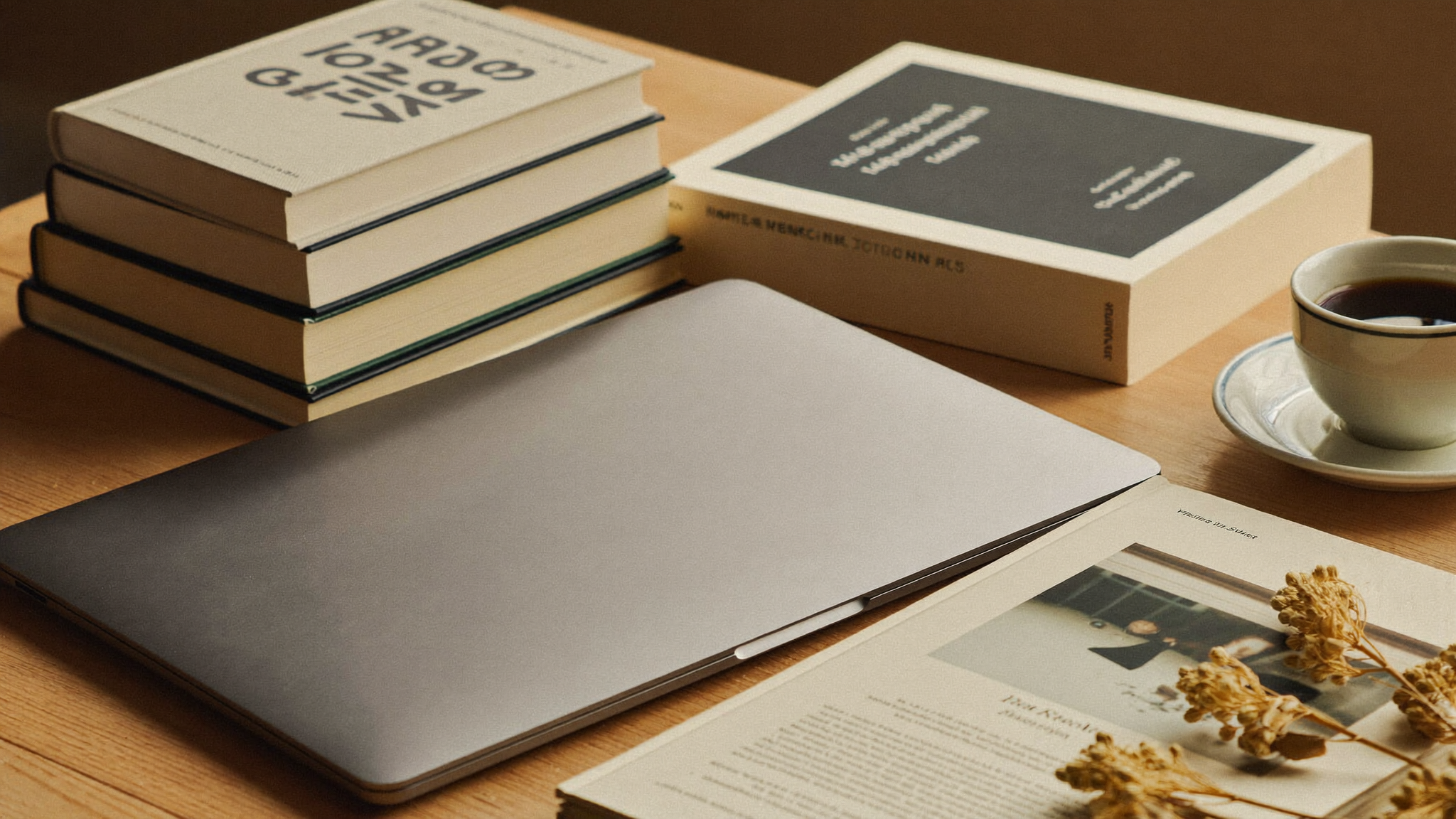 Ordinateur portable fermé, pile de livres et tasse de café sur un bureau d'écrivain
