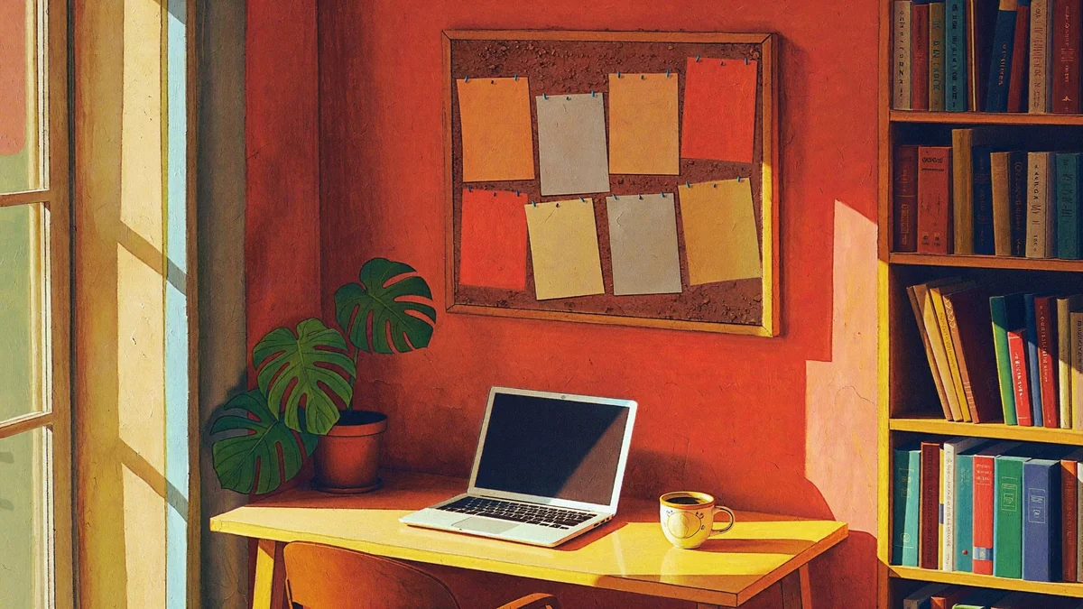 Illustration gouache d'un bureau d'écriture baigné de lumière chaude, avec un tableau de liège et des fiches de couleur