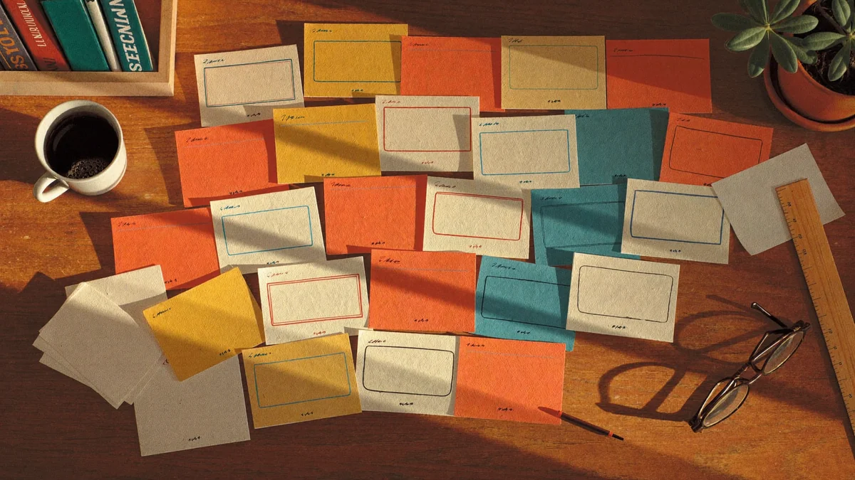 Illustration gouache de fiches de couleur étalées sur un bureau en bois dans une lumière chaude