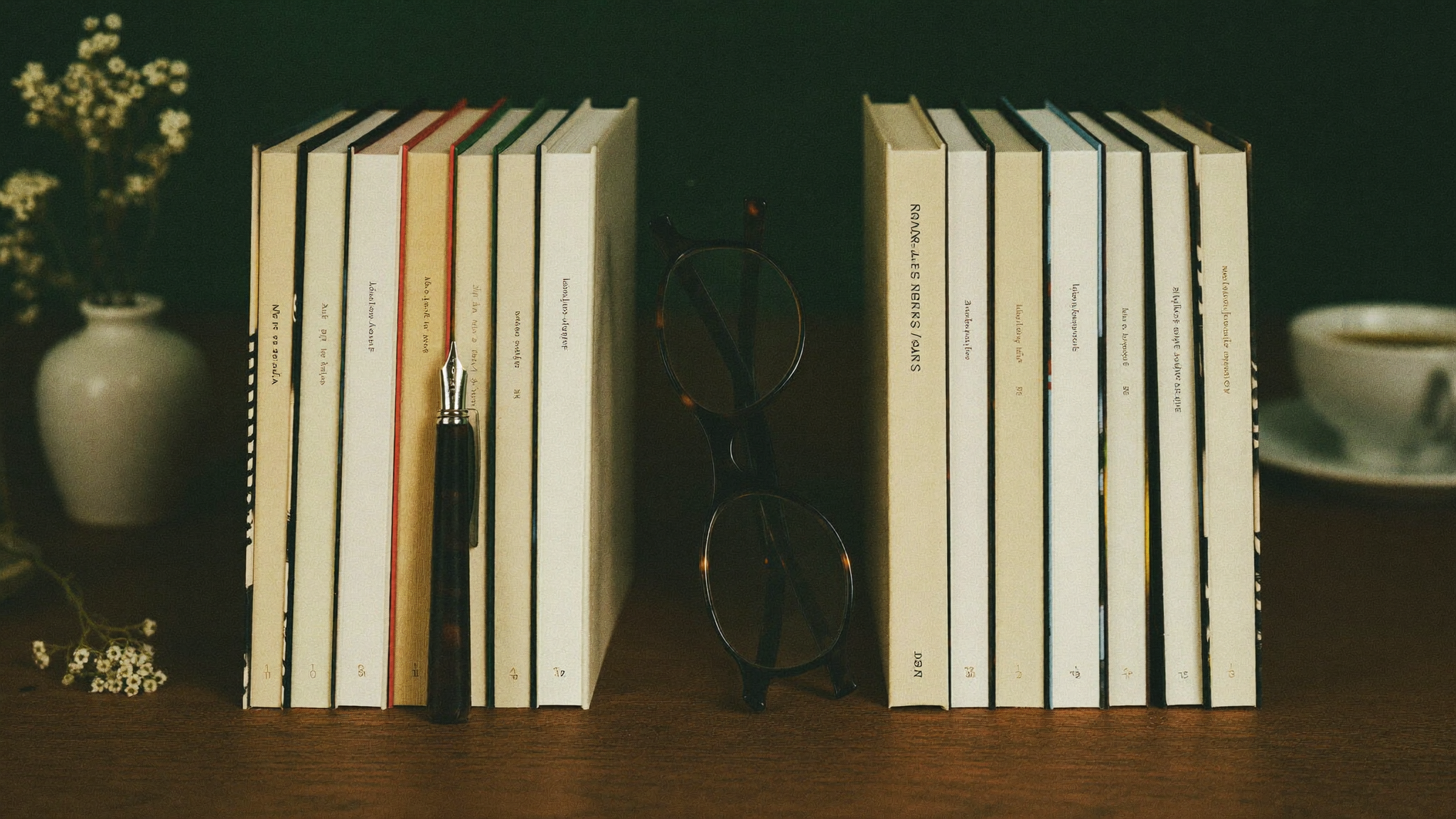 Deux groupes de livres et une paire de lunettes de lecture sur un bureau, comparaison
